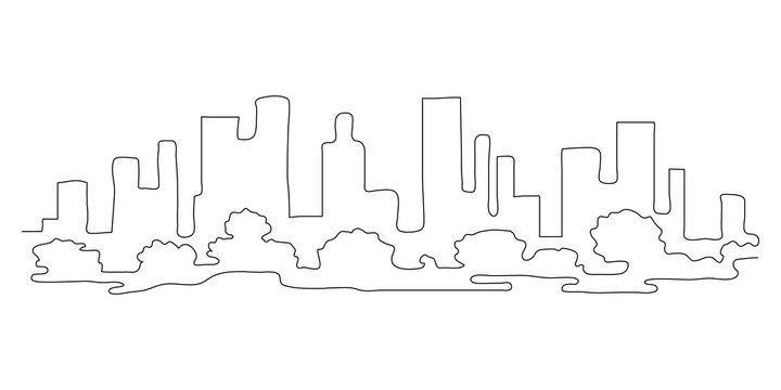 recommend clip art: Cityscape outdoor of large city with buildings, art line continuous. Silhouette skyscrapers metropolis, architecture panoramic landscape. Apartment buildings exterior with nature. Vector illustration