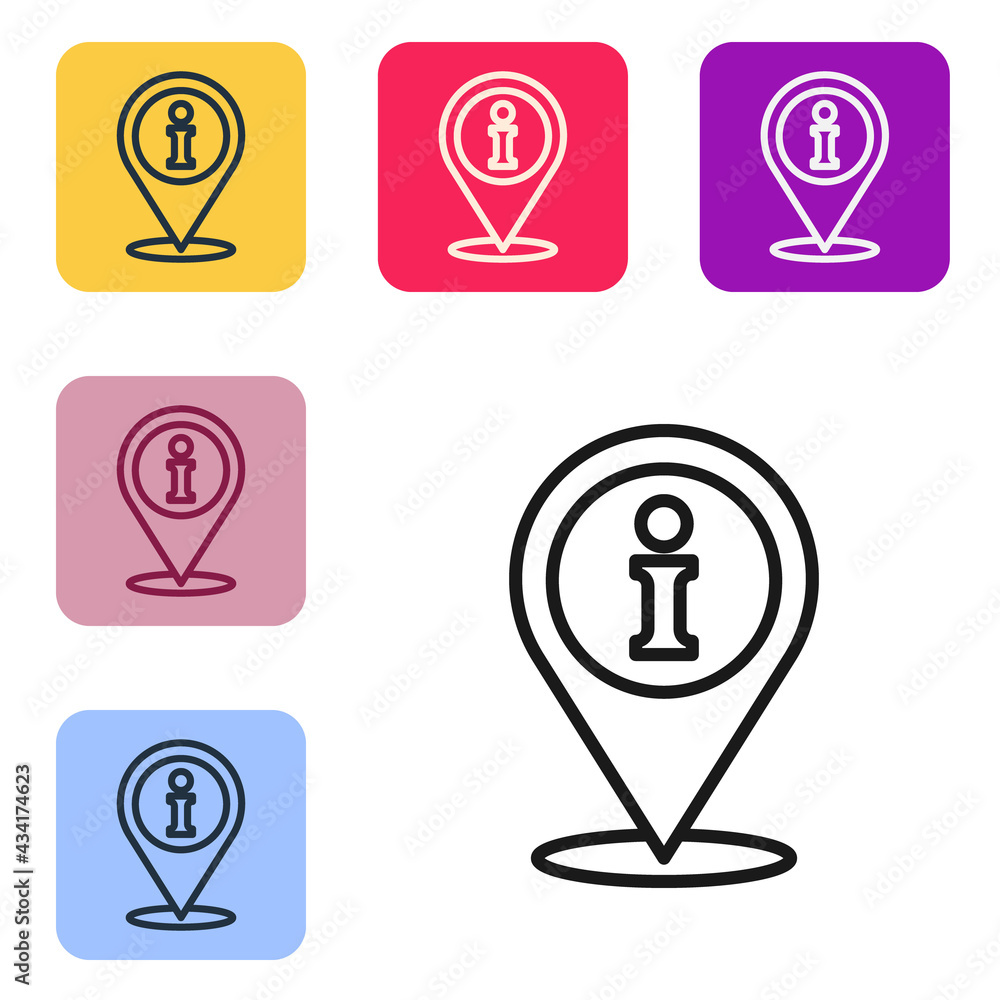 Poster black line location with information icon isolated on white background. set icons in color square bu