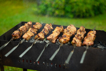 Metal skewers with meat on the grill. Summer is coming smoke from the coals