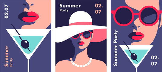 Summer party poster design template. Minimalistic style vector illustration.	