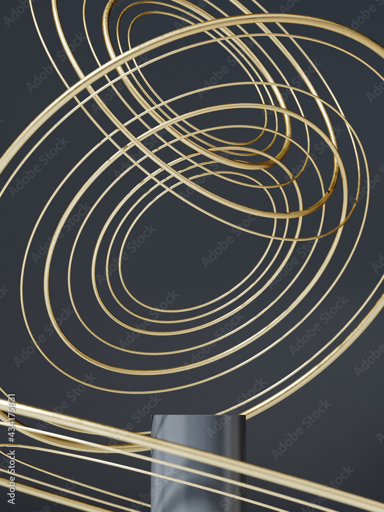 Poster minimal mockup background for product presentation. grey podium and golden ring on grey background. 