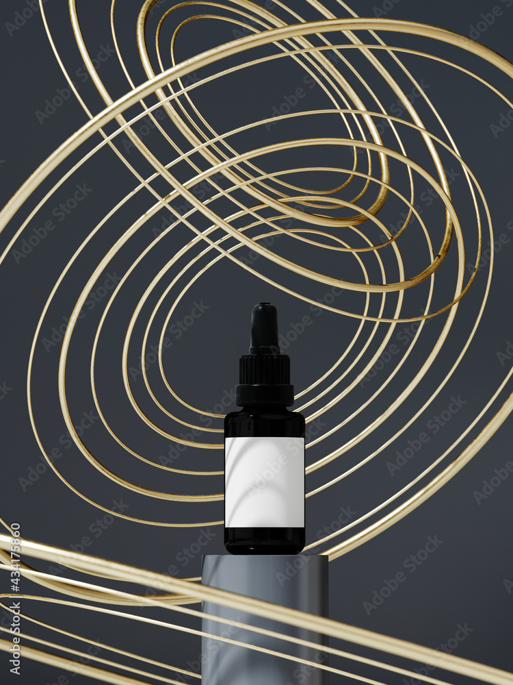 Poster minimal mockup background for product presentation. cosmetic bottle, podium and golden ring on grey 