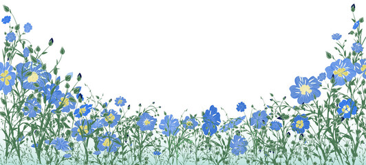 Meadow and flower panorama of flax flowers and buds in the form of a semicircle for the design of banners, postcards, greetings or textile labels with space for text. Vector illustration.