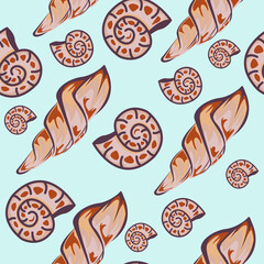 Vector illustration of seamless pattern with seashells. Colored shell for background, wallpaper, wrapping paper, banner, poster.