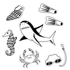 Summer stickers set. Marine life in the sea: seahorse, crab, shark, shell. Scuba diving with fins and snorkeling mask. Vector isolated hand drawn in black outline illustration for icon or logo.