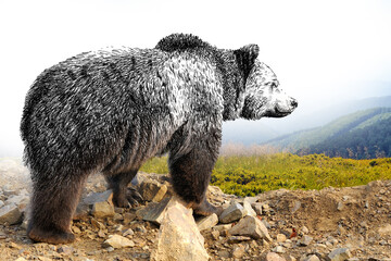 Hand drawing and photography bear combination. Sketch graphics animal mixed with photo