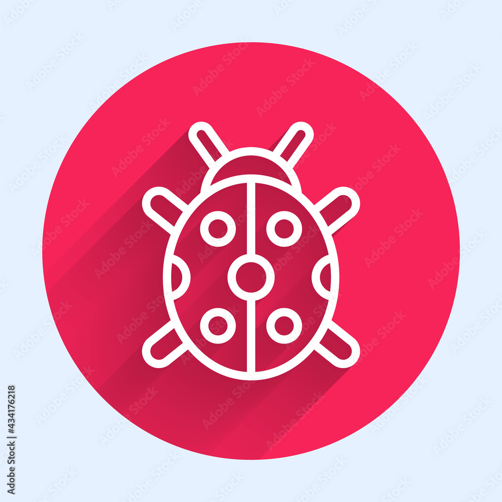 Poster white line ladybug icon isolated with long shadow. red circle button. vector