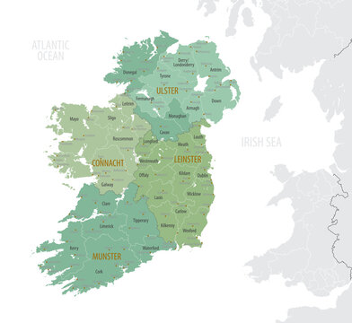 Detailed map of Ireland with administrative divisions into provinces and counties, major cities of the country, vector illustration onwhite background