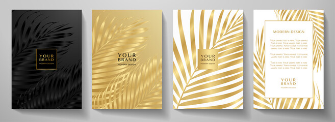 Tropical cover design set with palm branch (golden leaf) print on background. Holiday black and gold exotic pattern for vector wedding card, luxury menu template, summer holiday poster