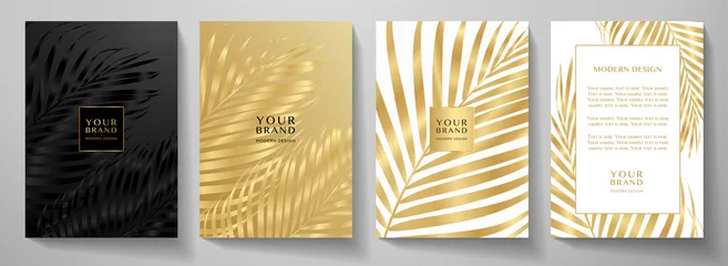 Fototapeten Tropical cover design set with palm branch (golden leaf) print on background. Holiday black and gold exotic pattern for vector wedding card, luxury menu template, summer holiday poster © Shiny777