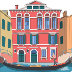A gondolier in a gondola boat sails along the canal of Venice. © pillerss