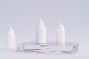 Mockup dropper bottles for cosmetics products or advertising on glass podium, 3d illustration render