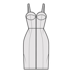 Zip-up tube dress technical fashion illustration with bustier, sleeveless, fitted body, knee length skirt. Flat garment apparel front, grey color style. Women, men unisex CAD mockup