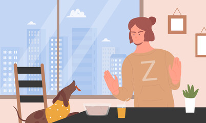 Pet owner training dog, bad dog behavior vector illustration. Cartoon young angry man character talking to sad puppy domestic animal, scolding naughty doggy in home kitchen interior background