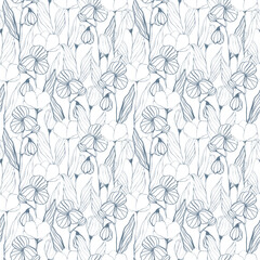 Monochrome graphic flowers on white background seamless pattern. Floral print. Botanical line art ornament for textile, fabric, wallpaper, wrapping paper, design and decoration.