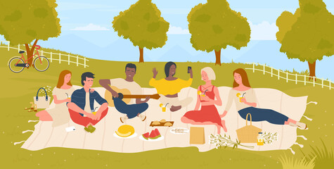 Young people students on picnic in summer nature green park vector illustration. Cartoon happy friends man woman characters enjoy weekend, have fun, eat picnic food together summertime background