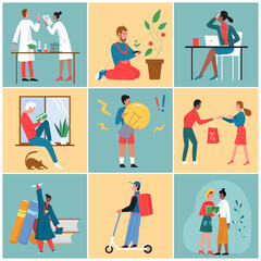 People working, life scenes vector illustration set. Cartoon tiny man woman characters learn to find new creative idea, work in office or shop sales, postal delivery service, read book background