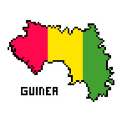 Obraz premium Republic of Guinea, 8 bit pixel art african country map with flag isolated on white background.Old school vintage retro 80s, 90s computer, video game graphics. Slot machine design element.