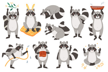 Raccoons cute animal vector illustration set. Cartoon funny comic racoon characters in different adorable poses childish collection, waving cheering sleeping doing yoga meditation isolated on white