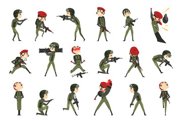 Fototapeta premium Army Soldiers in Action Set, Army Man Character in Green Uniform and Cap in Various Poses and Face Expressions Cartoon Vector Illustration