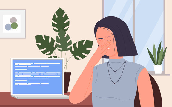 People with computer tech error in office workplace vector illustration. Cartoon frustrated business lady character working with software problem, young office worker girl and error warning window