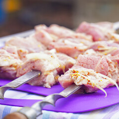 Raw meat for barbecue on skewers