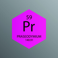 Pr Praseodymium Lanthanide Chemical Element Periodic Table. Hexagon vector illustration, simple clean style Icon with molar mass and atomic number for Lab, science or chemistry education.