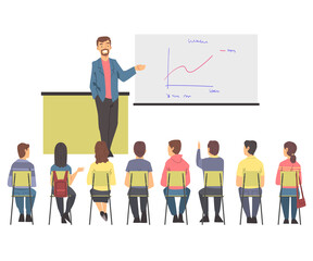 Training with People Characters Sitting in Row Listening to Man Instructor Showing Graph on Flipchart Vector Illustration
