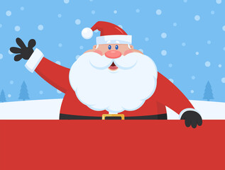 Santa Claus Cartoon Character Waving Over Blank Sign. Vector Flat Design Illustration With Winter Background