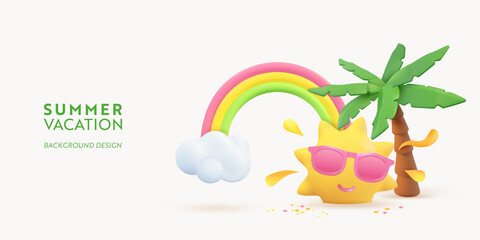 Summer 3d banner design. Realistic render scene tropical palm tree, sun, rainbow, cloud. Tropic beach objects, Holiday web poster, flyer, seasonal brochure, cover. Summertime modern background - 434183611