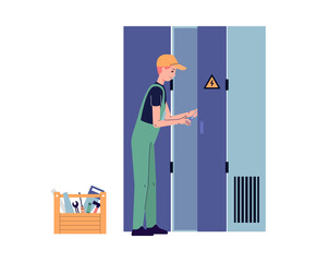 Electrician opens an electrical panel, flat vector illustration isolated.