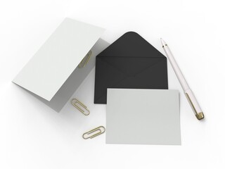 Black Envelope With Paper Cards And Pen