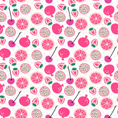 Seamless pattern with fruits pitaya, cherry, strawberries, grapefruit, pomegranate. Cute vector pink background.