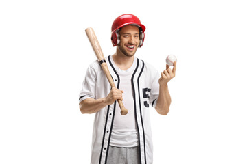 Baseball player with a helmet holding a ball and a bat