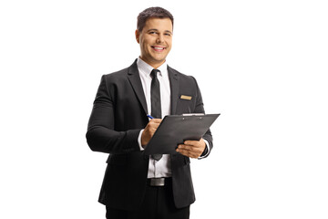 Young elegant man with a name tag on his suit holding a clipboard