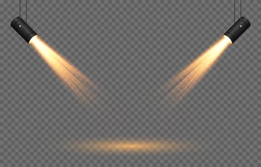 Foto op Plexiglas Vector set of light. Light source, studio lighting, walls, png. Yellow, golden light. Spot lighting, spotlight PNG. Rays, light effect. © Vitaliy