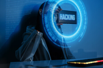 Woman with futuristic tablet in hand. Internet, crime, cyber attack, system breaking concept. Blue neon light background. Hacker using an abstract smartphone with a binary code digital interface.