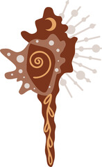 Vector illustration of brown celestial, mystial sea shell, decorated constellation, stars, leaves