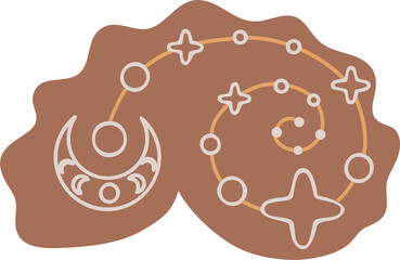 Vector illustration of brown celestial, mystial sea shell, decorated stars, moons