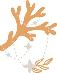 Vector illustration of brown celestial, mystial sea coral decorated stars and leaves