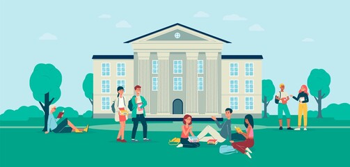 Background with students in front of college campus, flat vector illustration. - obrazy, fototapety, plakaty