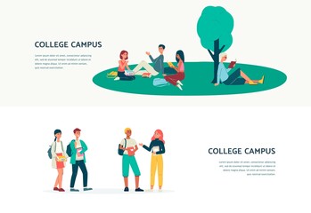 College campus flyers set with studying students flat vector illustration.
