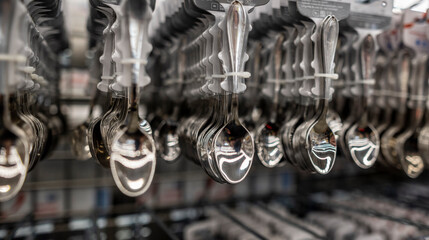 Fototapeta premium household items of daily use are placed on shelves and hang on holders in a large store 