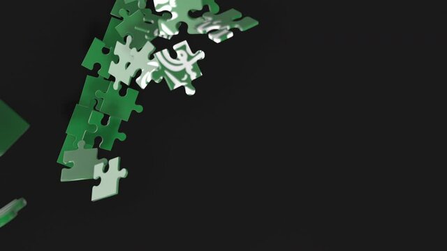 Animation of jigsaw puzzle assemble. Problem solving and completing concept. Saudi Arabia national flag integration. Symbol of association and connection. Isolated on dark background.