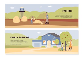 Set banners on topic of family farming with farmers, flat vector illustration.
