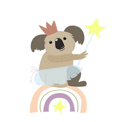 cute koala in a crown and with a magic wand sits on a rainbow. children's vector illustrator isolated on a white background.