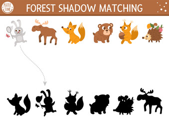 Forest or camping shadow matching activity with cute animals. Family nature trip puzzle with moose, fox, bear, rabbit, fox, squirrel, hedgehog. Find the correct silhouette printable worksheet. .