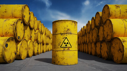 radioactive waste in barrels, nuclear waste repository - obrazy, fototapety, plakaty