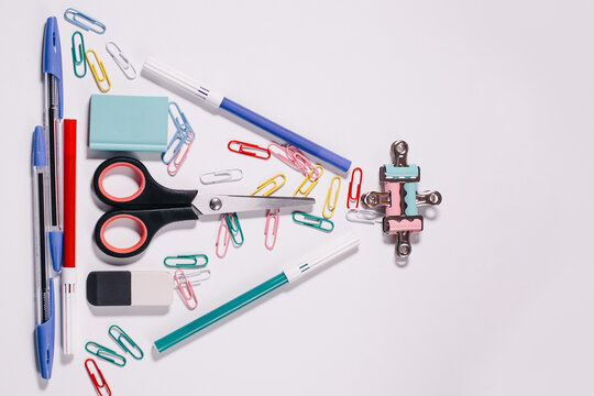 stationery items for the student, layout top view, on a white background
