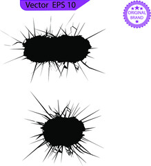 Broken glass, cracks, bullet marks on glass. Cracks vector icons. Black surface crack set with holes and broken ground texture, transparent background. Cracked wall destruction effect
